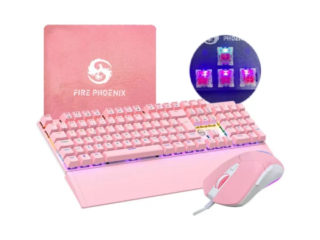 Kit Teclado Mecânico e Mouse DPI 7200 ABNT2 e Mouse Pad Rosa