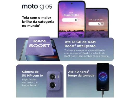Moto G05 Smartphone Motorola 128GB Cinza 4G 6.7 50MP Detalhes