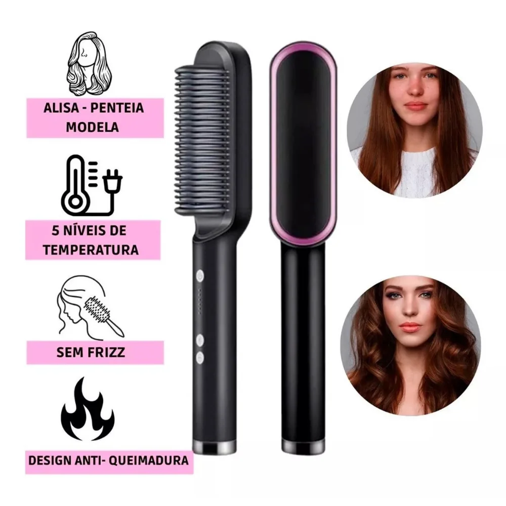 Escova De Cabelo Elétrica 3 em 1 com Pente De Aquecimento Bivolt 120 220 Detalhes