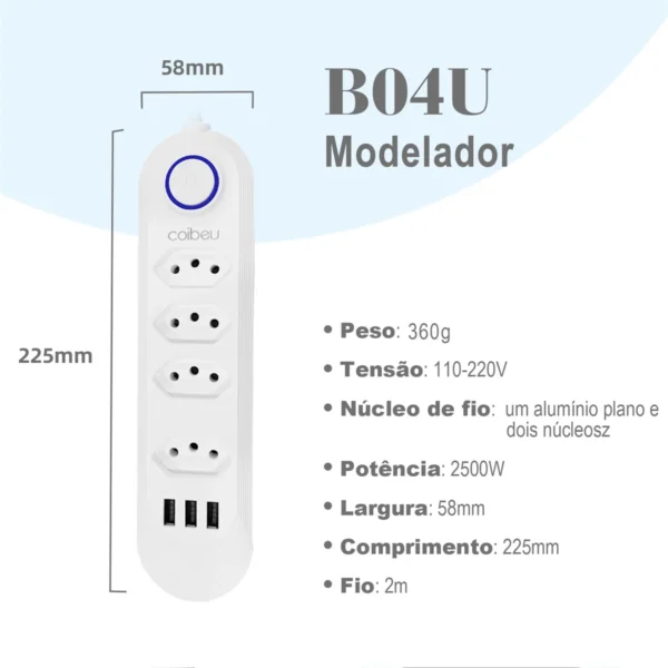2 Filtro de Linha - Extensão Elétrica com 4 Tomadas e 3 Portas USB Detalhes