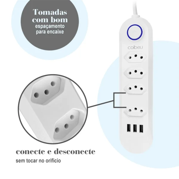 Filtro de Linha - Extensão Elétrica com 4 Tomadas e 3 Portas USB - Espaçamento