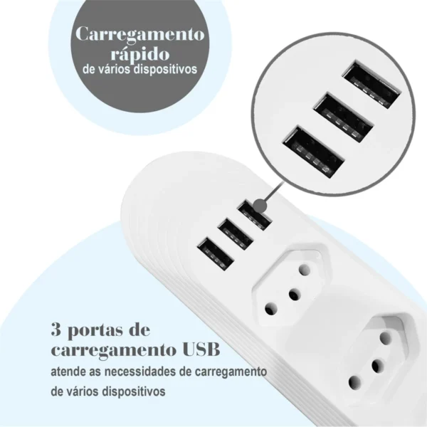 Filtro de Linha - Extensão Elétrica com 4 Tomadas e 3 Portas USB – Carregamento Rápido Entradas