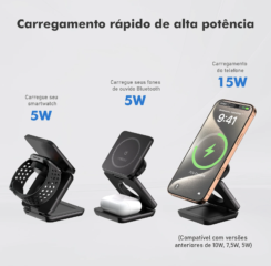 Carregador Sem Fio Magnético 3 em 1 COIBEU para Smartphone 15W com MagSafe para iPhone Apple Watch AirPods Compatibilidade