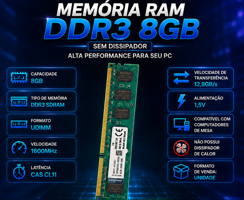 Memória Kingston ValueRAM 8GB DDR3 1600MHz CL11 UDIMM