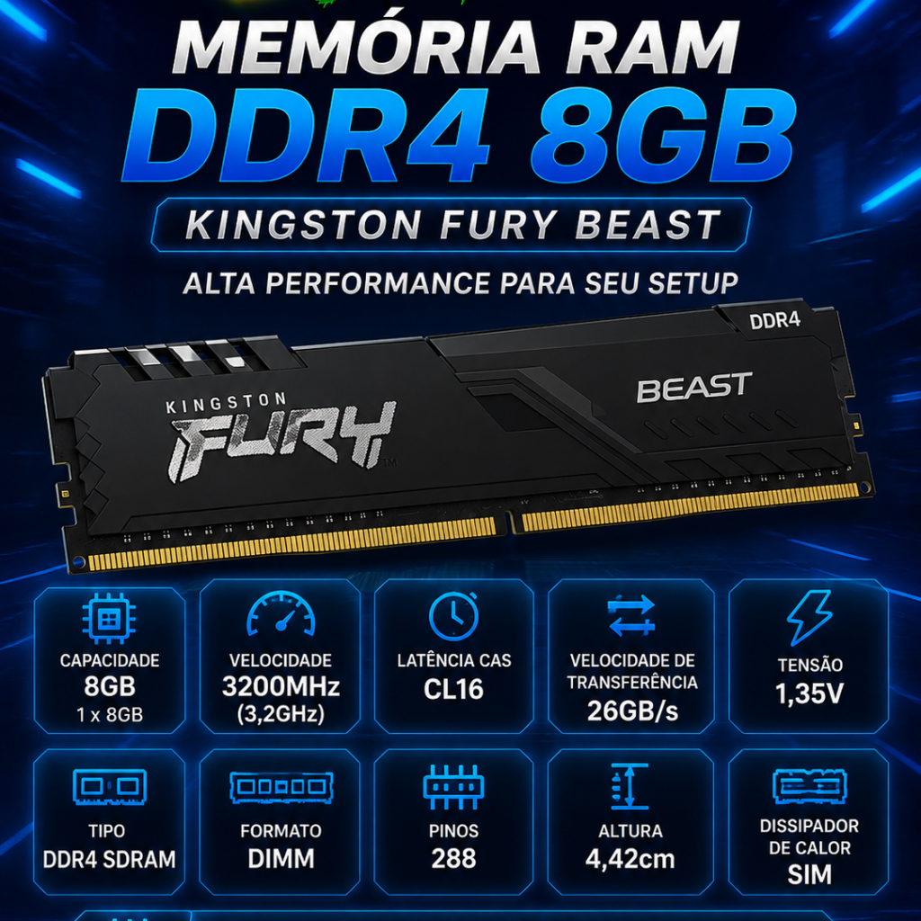 Memória Gamer Kingston Fury Beast 8GB DDR4 3200MHz CL16 DIMM