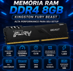 Memória Gamer Kingston Fury Beast 8GB DDR4
