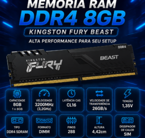 Memória Gamer Kingston Fury Beast 8GB DDR4 detalhes